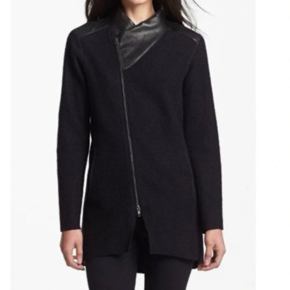 Eileen Fisher Black Wool Leather Asymmetrical Full Zip Jacket Size Medium